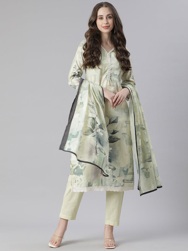 Neerus Green Printed Straight Kurta and Trousers With Dupatta