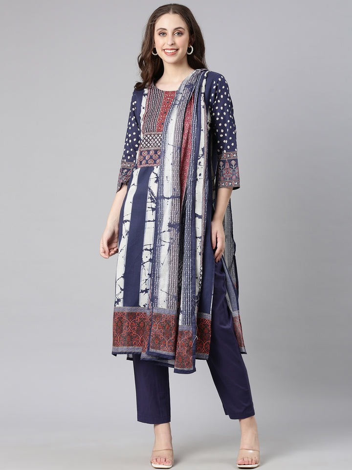 Neerus Navy blue Printed Straight Kurta and Trousers With Dupatta