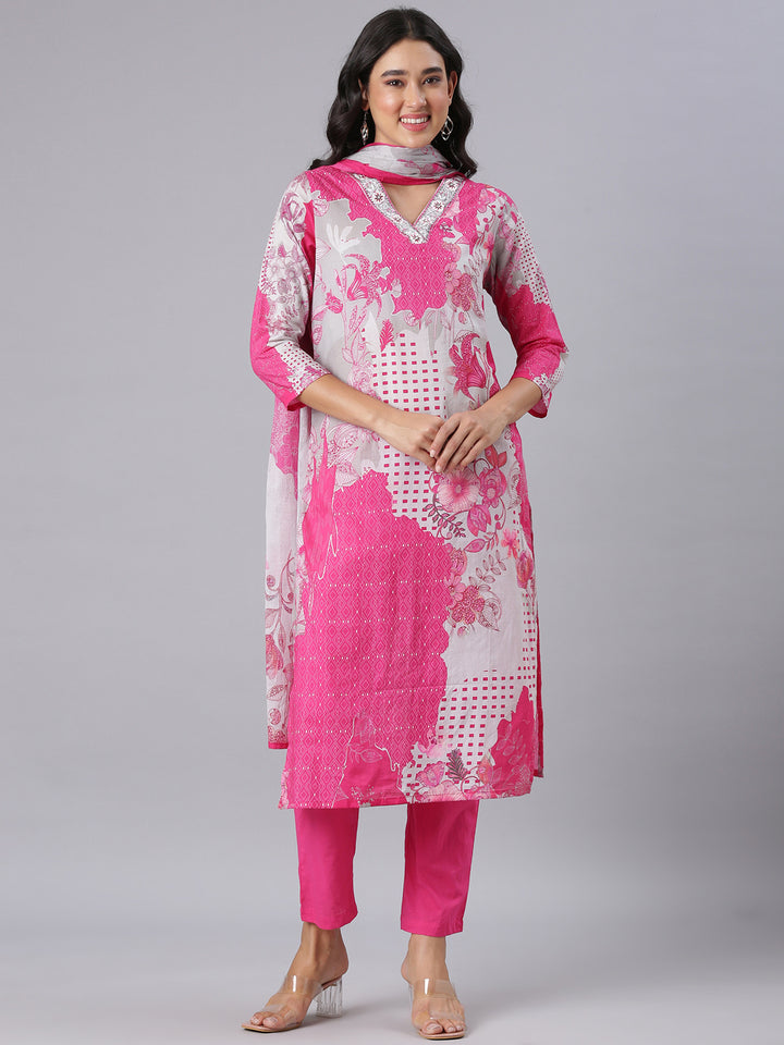 Neerus Pink Printed Straight Kurta And Trousers With Dupatta