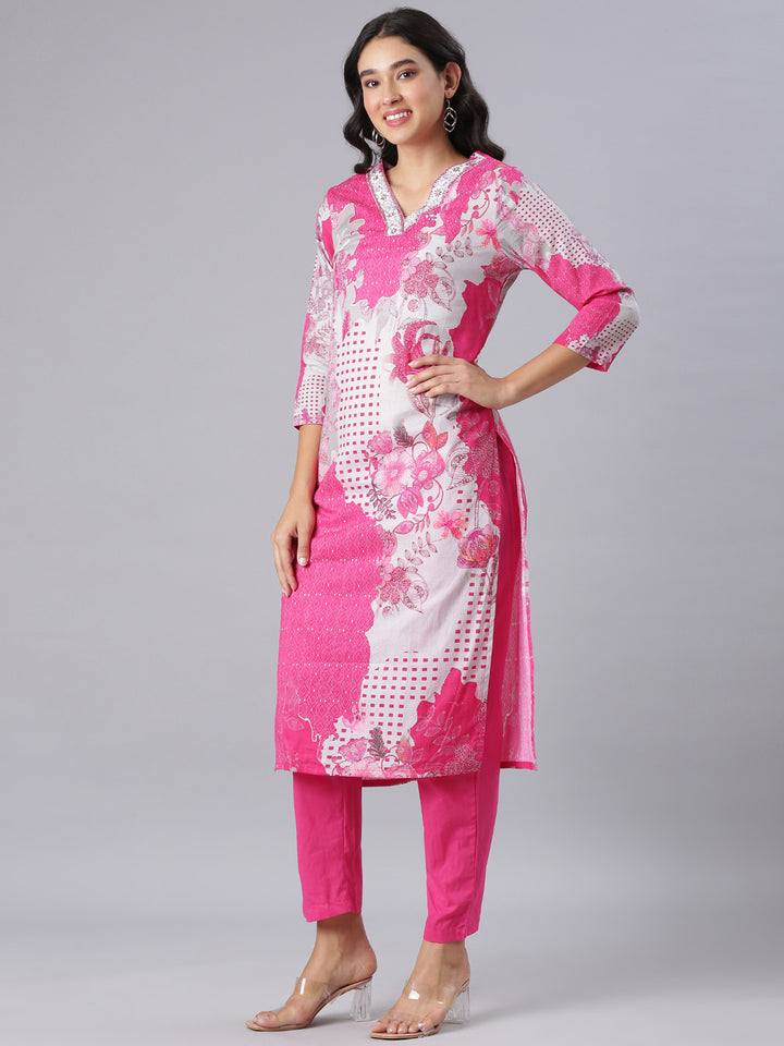 Neerus Pink Printed Straight Kurta And Trousers With Dupatta
