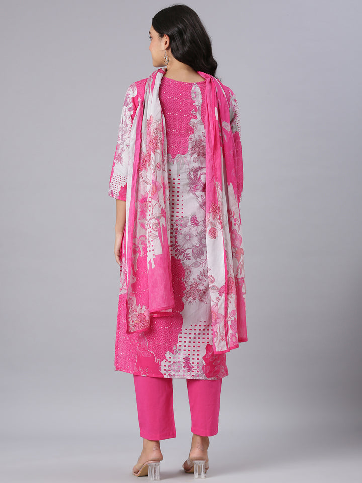 Neerus Pink Printed Straight Kurta And Trousers With Dupatta