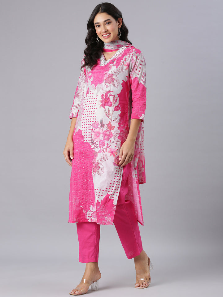 Neerus Pink Printed Straight Kurta And Trousers With Dupatta
