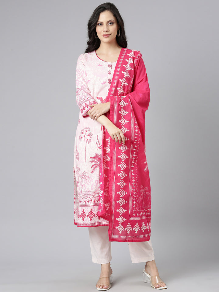 Neerus Pink Printed Straight Kurta and Trousers With Dupatta