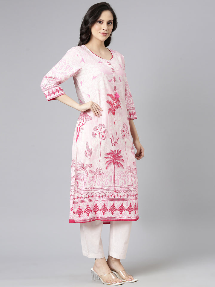 Neerus Pink Printed Straight Kurta and Trousers With Dupatta