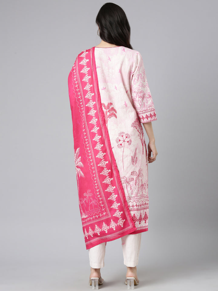 Neerus Pink Printed Straight Kurta and Trousers With Dupatta