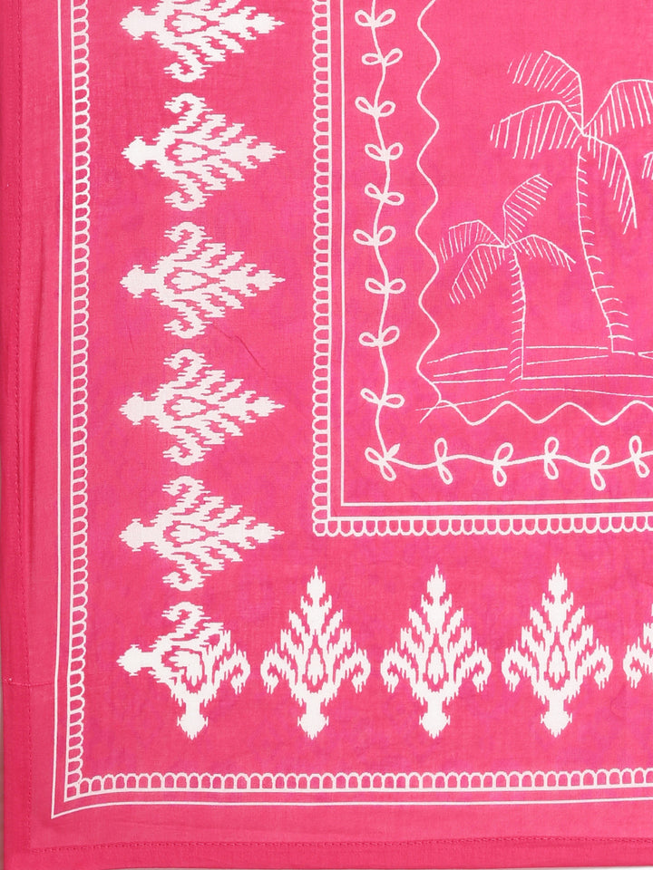 Neerus Pink Printed Straight Kurta and Trousers With Dupatta