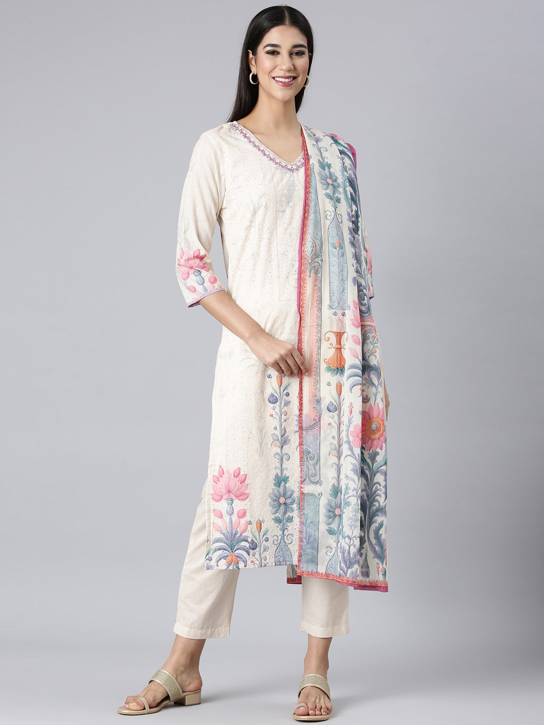 Neerus Cream Printed Straight Kurta and Trousers With Dupatta