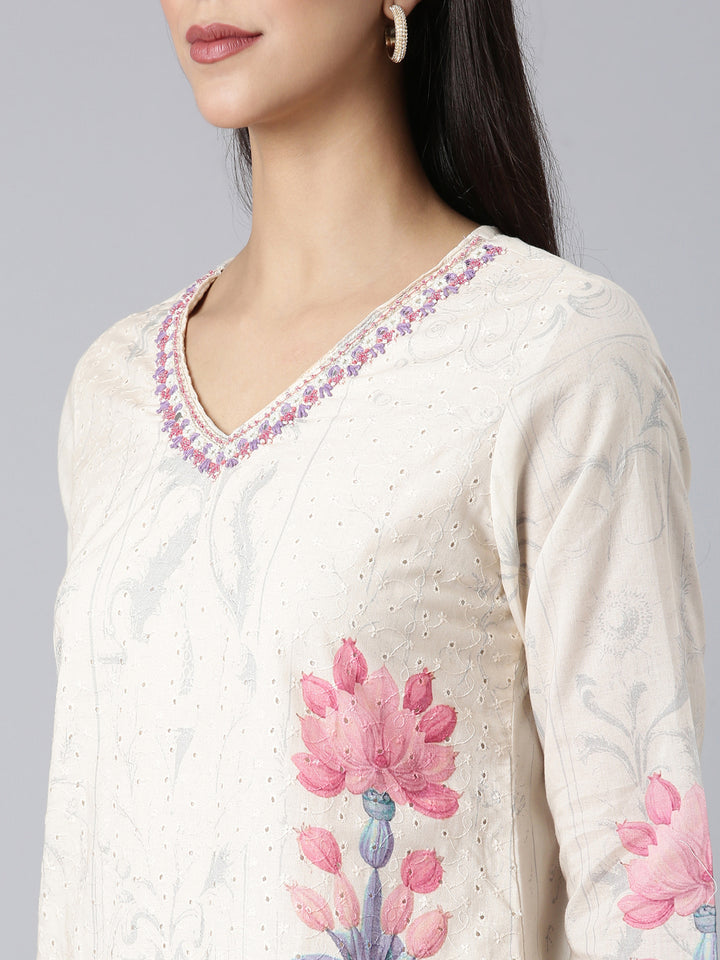 Neerus Cream Printed Straight Kurta and Trousers With Dupatta