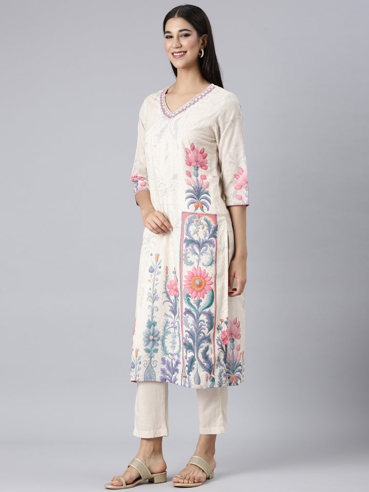 Neerus Cream Printed Straight Kurta and Trousers With Dupatta