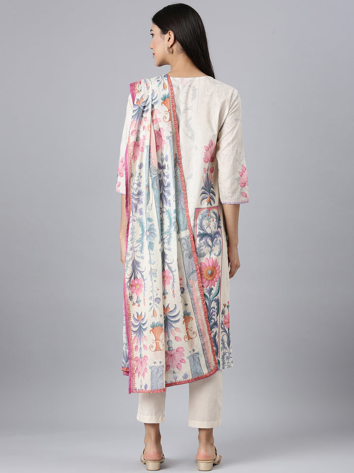 Neerus Cream Printed Straight Kurta and Trousers With Dupatta