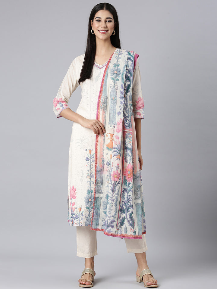 Neerus Cream Printed Straight Kurta and Trousers With Dupatta