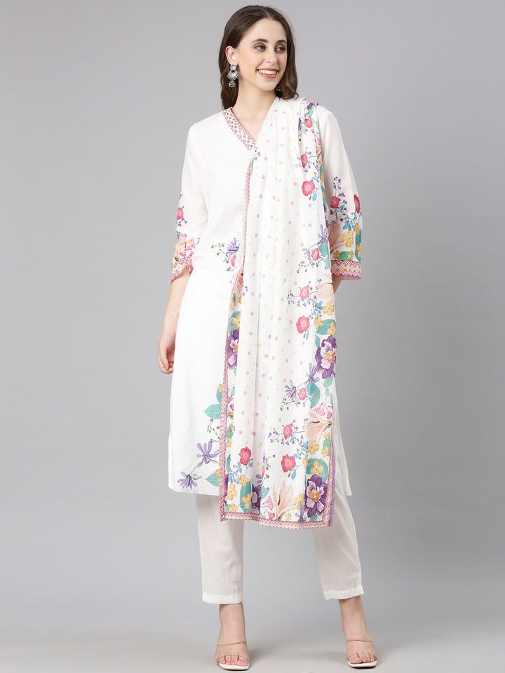 Neerus White Printed Straight Kurta and Trousers With Dupatta