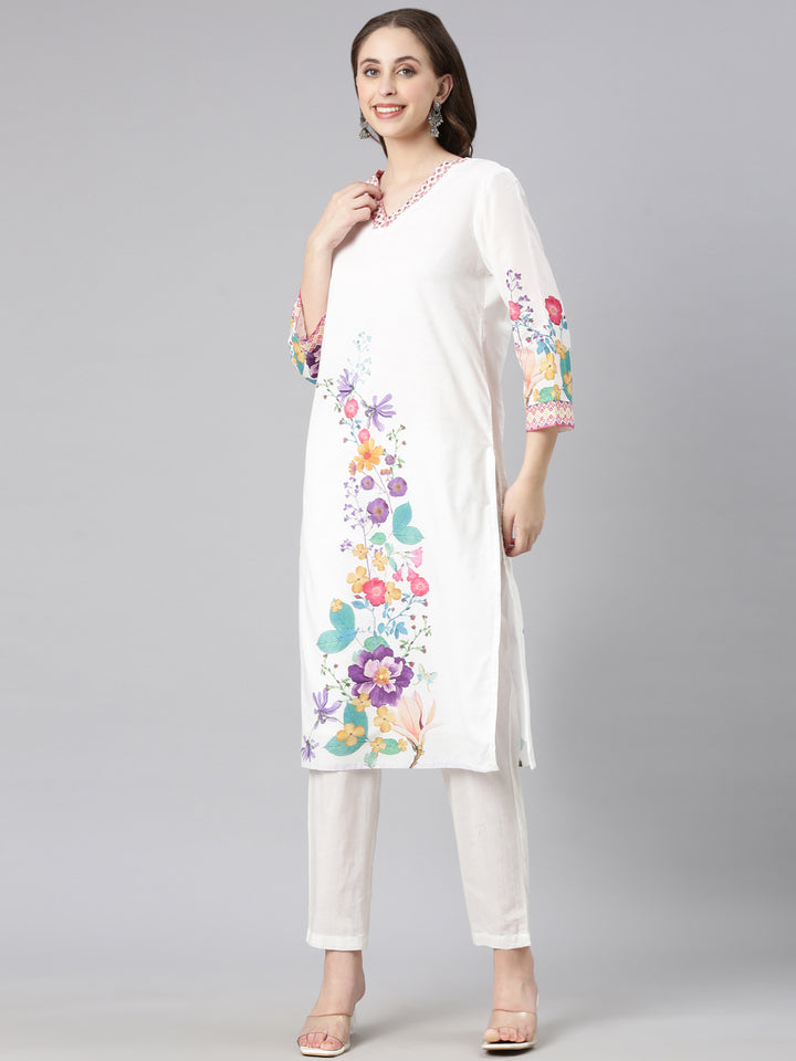 Neerus White Printed Straight Kurta and Trousers With Dupatta