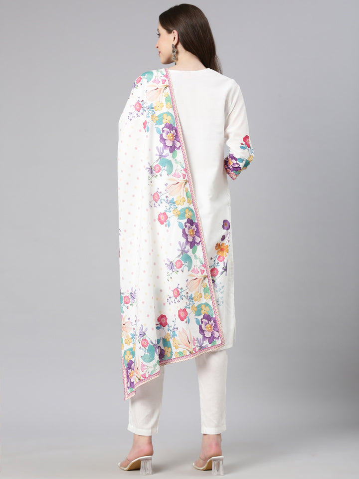 Neerus White Printed Straight Kurta and Trousers With Dupatta