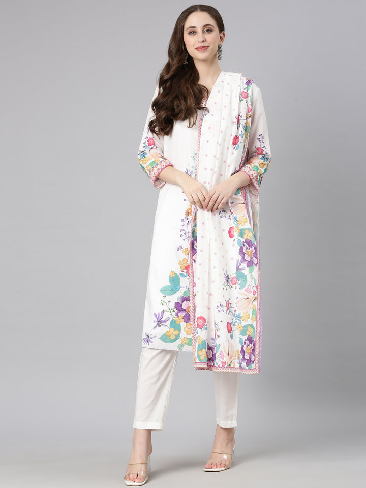 Neerus White Printed Straight Kurta and Trousers With Dupatta