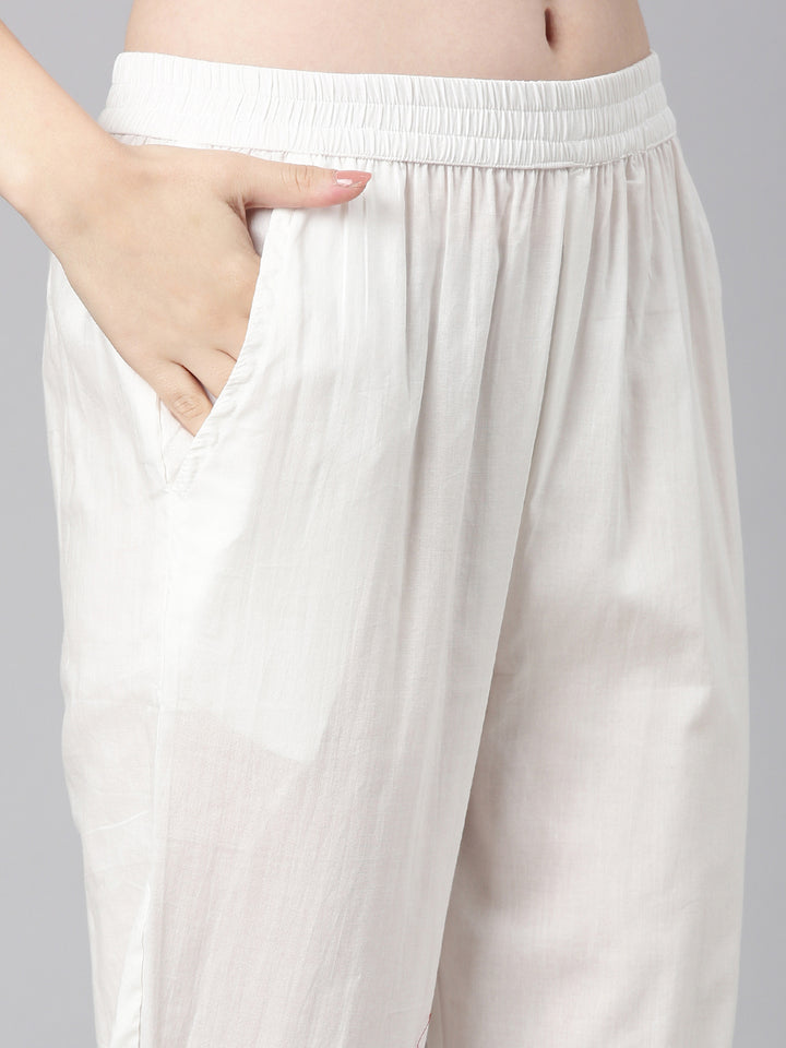 Neerus White Printed Straight Kurta and Trousers With Dupatta