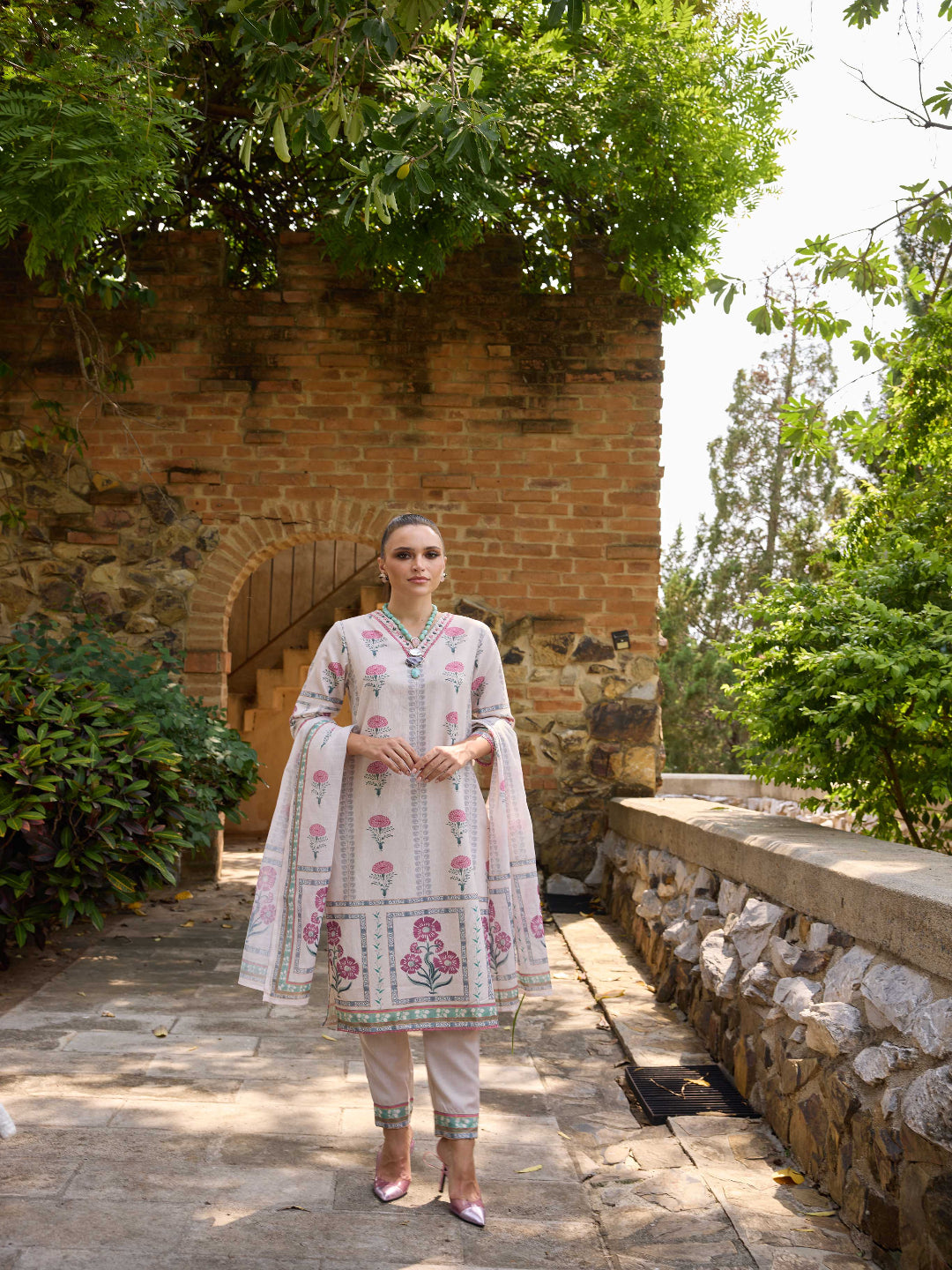 Neerus Beige Printed Straight Kurta and Trousers With Dupatta