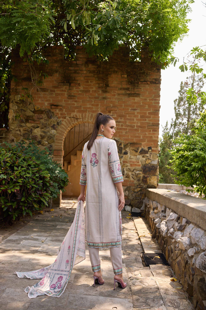 Neerus Beige Printed Straight Kurta and Trousers With Dupatta