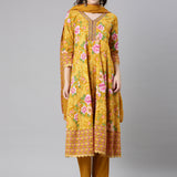 Neerus Mustard Printed Anarkali Kurta and Trousers With Dupatta