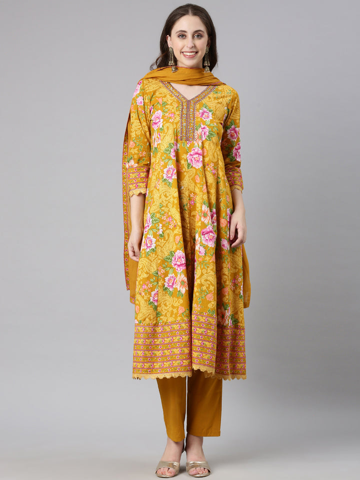 Neerus Mustard Printed Anarkali Kurta and Trousers With Dupatta