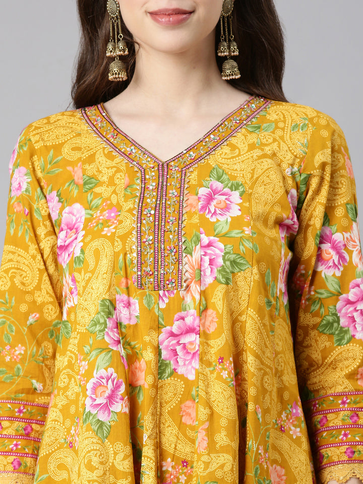 Neerus Mustard Printed Anarkali Kurta and Trousers With Dupatta