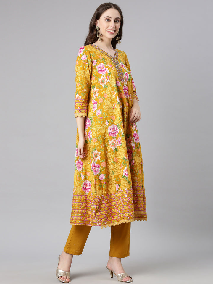 Neerus Mustard Printed Anarkali Kurta and Trousers With Dupatta