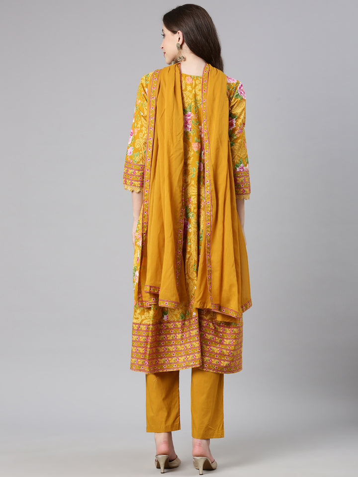 Neerus Mustard Printed Anarkali Kurta and Trousers With Dupatta