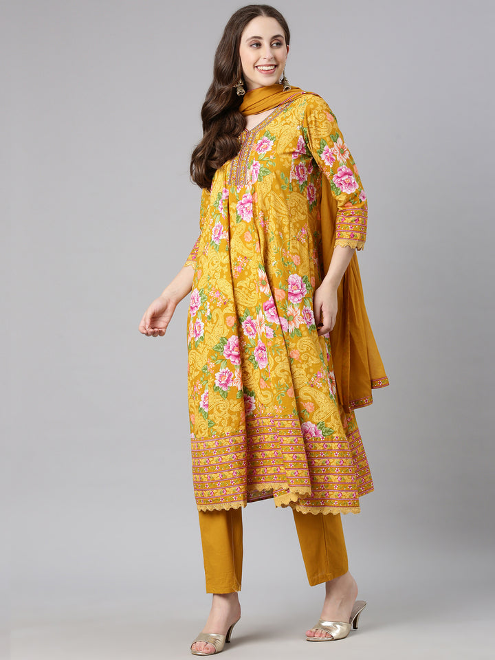 Neerus Mustard Printed Anarkali Kurta and Trousers With Dupatta