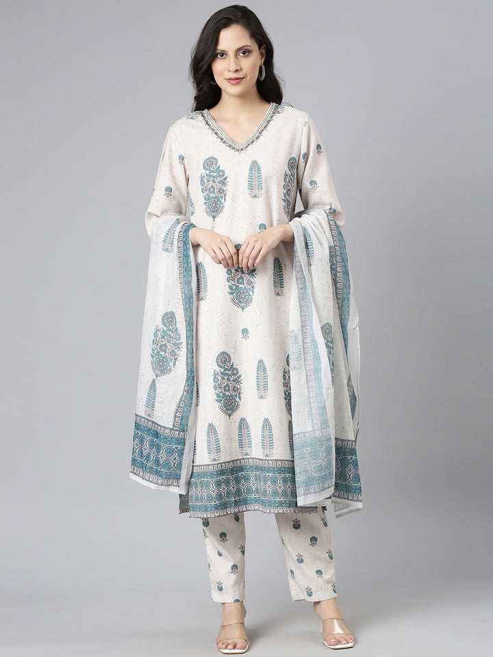 Neerus Beige Printed Straight Kurta and Trousers With Dupatta