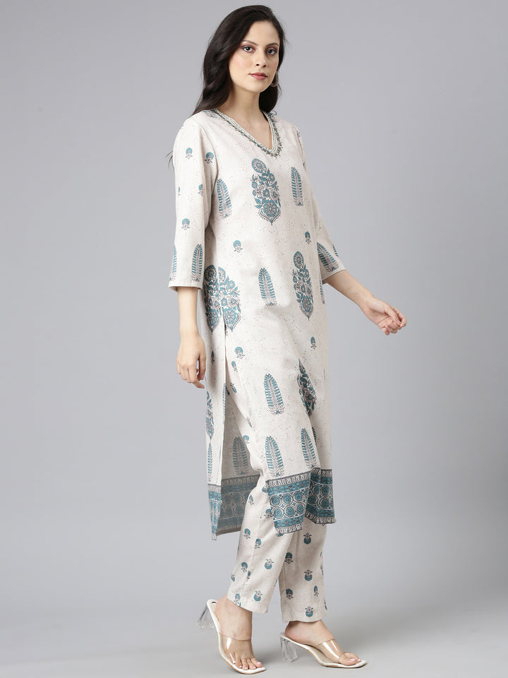 Neerus Beige Printed Straight Kurta and Trousers With Dupatta