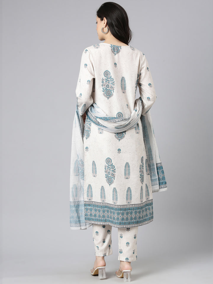 Neerus Beige Printed Straight Kurta and Trousers With Dupatta