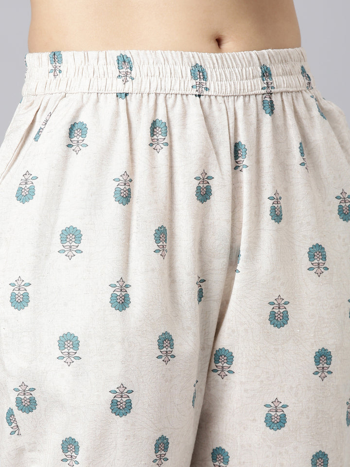 Neerus Beige Printed Straight Kurta and Trousers With Dupatta