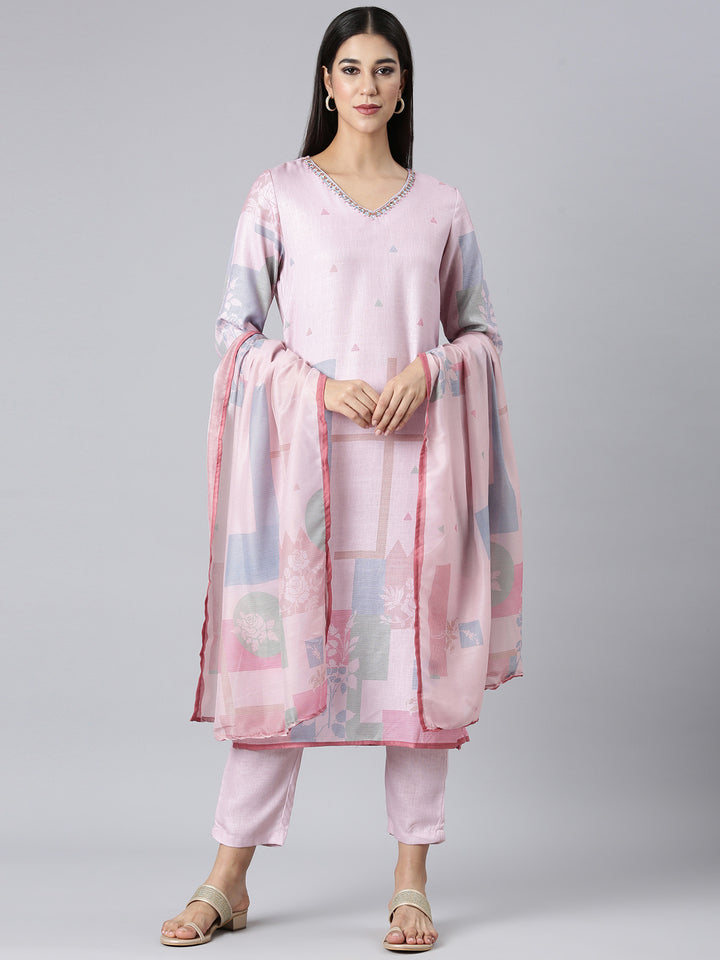Neerus Pink Solid Straight Kurta and Trousers With Dupatta