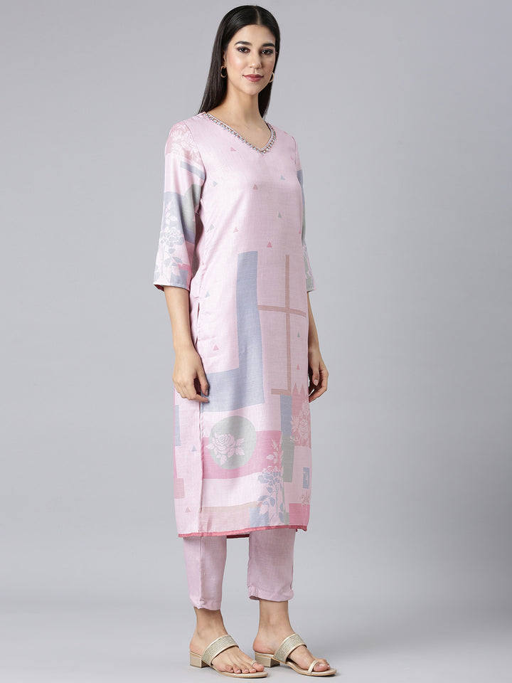 Neerus Pink Solid Straight Kurta and Trousers With Dupatta