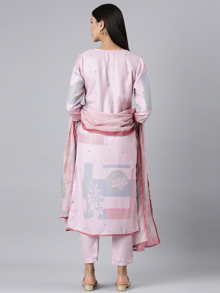 Neerus Pink Solid Straight Kurta and Trousers With Dupatta