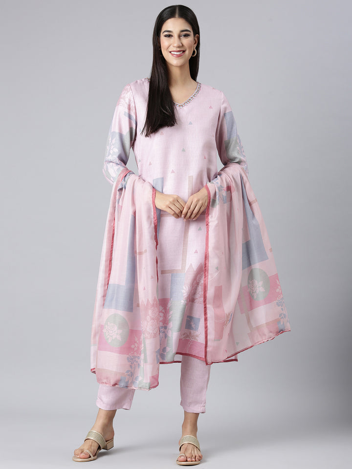 Neerus Pink Solid Straight Kurta and Trousers With Dupatta