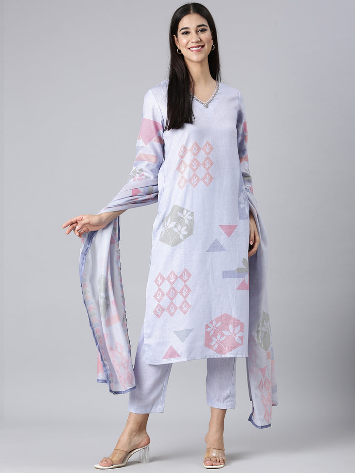 Neerus Lavender Solid Straight Kurta and Trousers With Dupatta