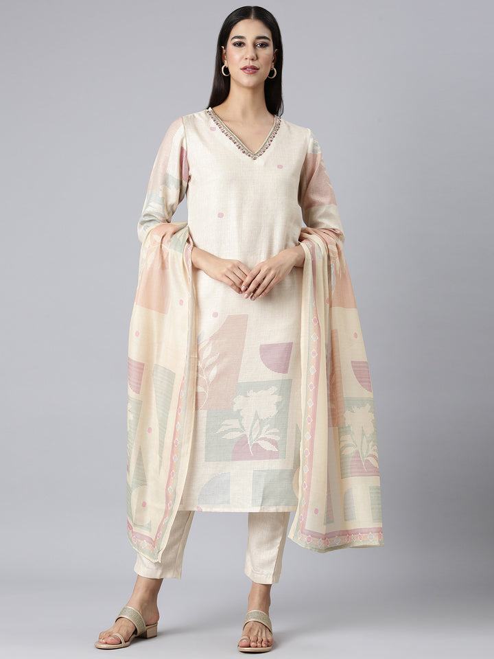 Neerus Cream Printed Straight Kurta and Trousers With Dupatta