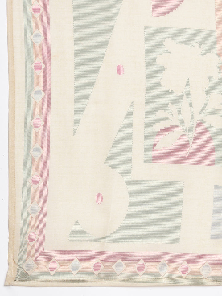 Neerus Cream Printed Straight Kurta and Trousers With Dupatta