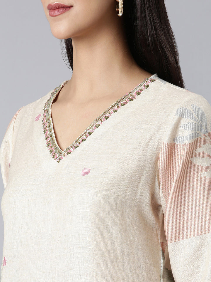 Neerus Cream Printed Straight Kurta and Trousers With Dupatta