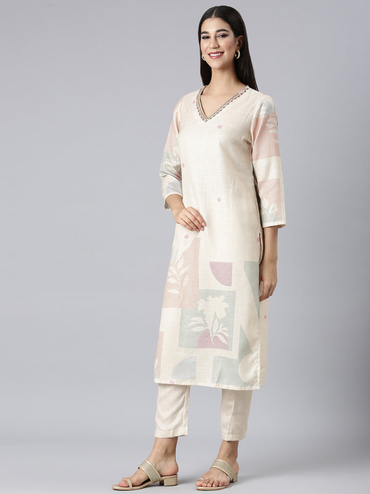Neerus Cream Printed Straight Kurta and Trousers With Dupatta