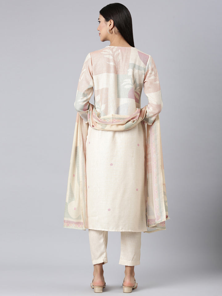 Neerus Cream Printed Straight Kurta and Trousers With Dupatta