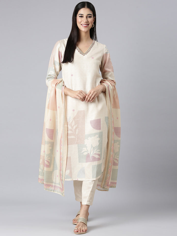 Neerus Cream Printed Straight Kurta and Trousers With Dupatta