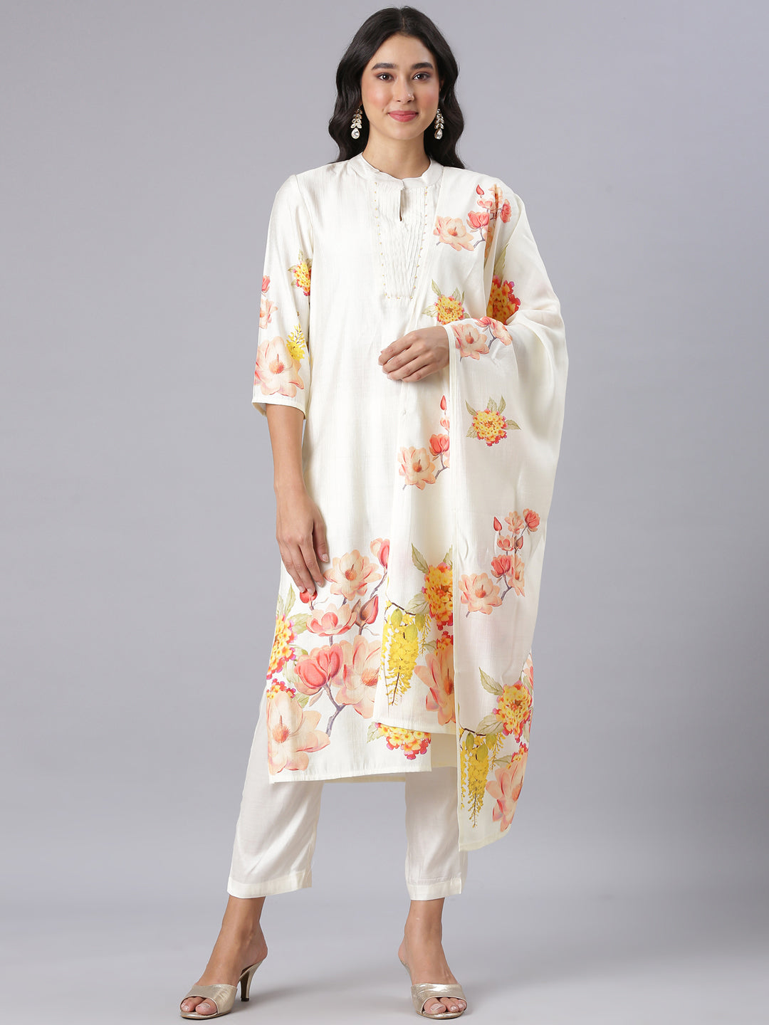 Neerus Cream Printed Straight Kurta And Trousers With Dupatta