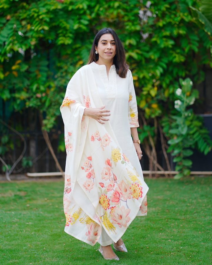 Neerus Cream Printed Straight Kurta And Trousers With Dupatta