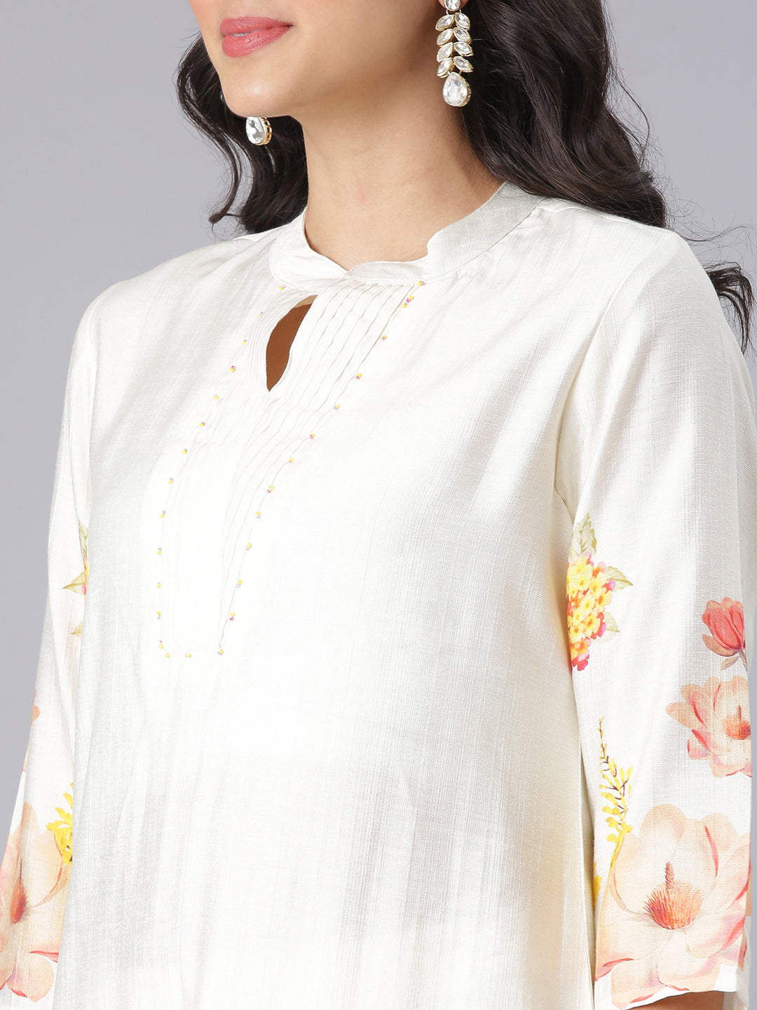 Neerus Cream Printed Straight Kurta And Trousers With Dupatta