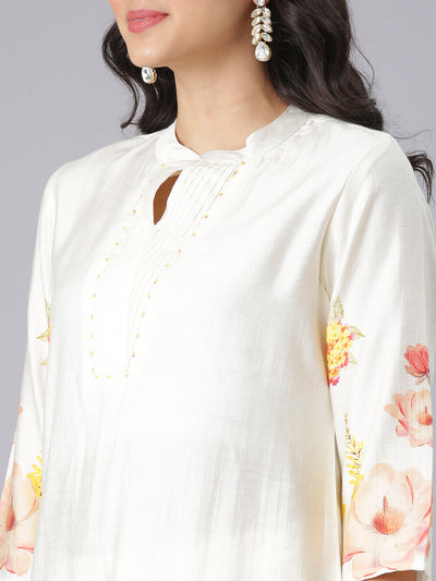 Neerus Cream Printed Straight Kurta And Trousers With Dupatta