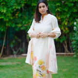 Neerus Cream Printed Straight Kurta And Trousers With Dupatta