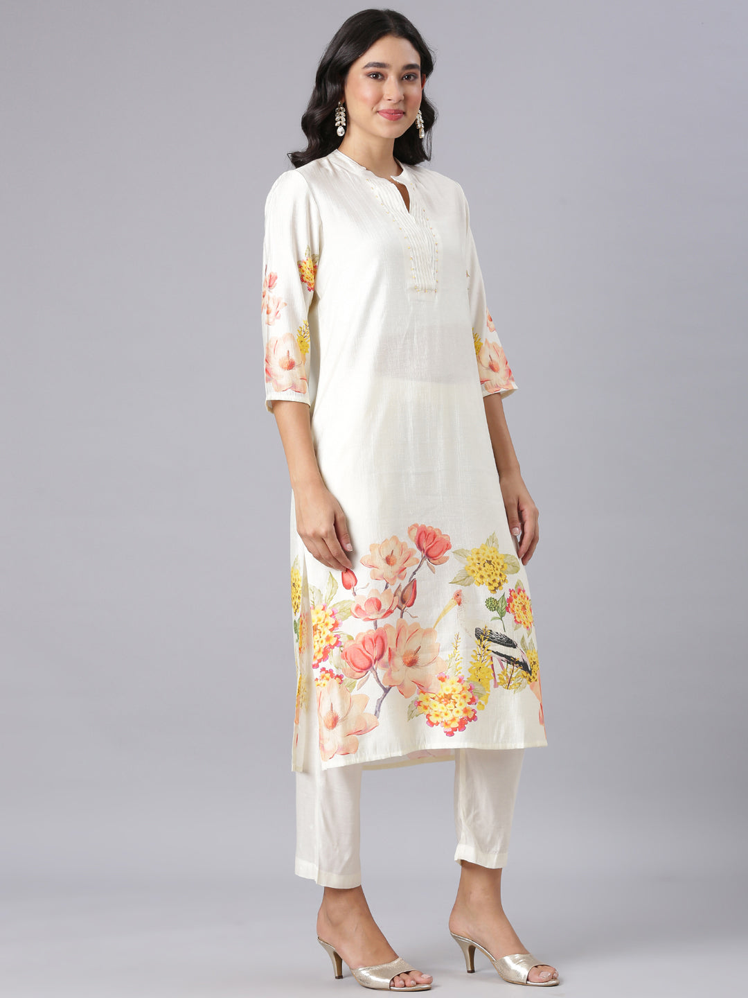 Neerus Cream Printed Straight Kurta And Trousers With Dupatta