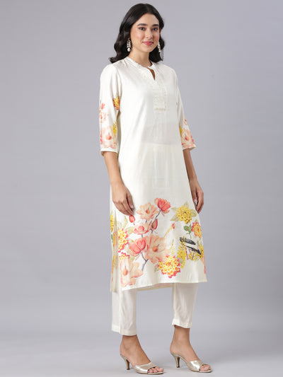 Neerus Cream Printed Straight Kurta And Trousers With Dupatta